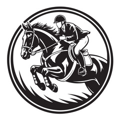 Fototapeta premium Dynamic equestrian rider jumping horse in bold black and white emblem