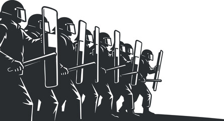 A group of police officers in a row holding shields and batons in black and white minimalist vector style, ideal for social justice themes
