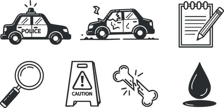 Fototapeta A collection of police, accident, and investigation icons in flat outline vector style, suitable for safety and emergency design projects