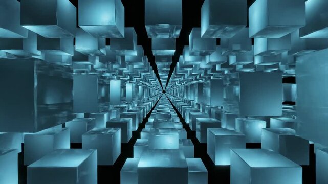 Seamlessly looping infinite abstract grid composed of identical glowing geometric cubes moving slowly in perfect synchronicity order, design, rendering