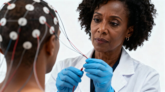 Woman scientist conducts brain activity research in a laboratory setting with a participant