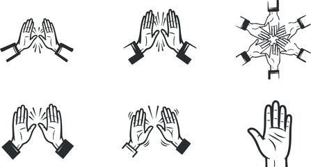 A collection of hand gestures including clapping, high fives, and teamwork in black and white outline vector style, ideal for social and motivational themes
