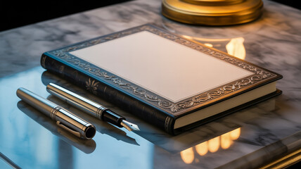 Silver fountain pen and ballpoint pen on marble surface next to ornate leather-bound journal