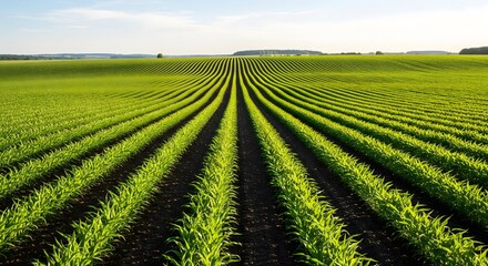 Lush green corn field stretching toward the horizon under a bright summer sky, showing deep perspective rows of young agricultural plants in rich, dark soil