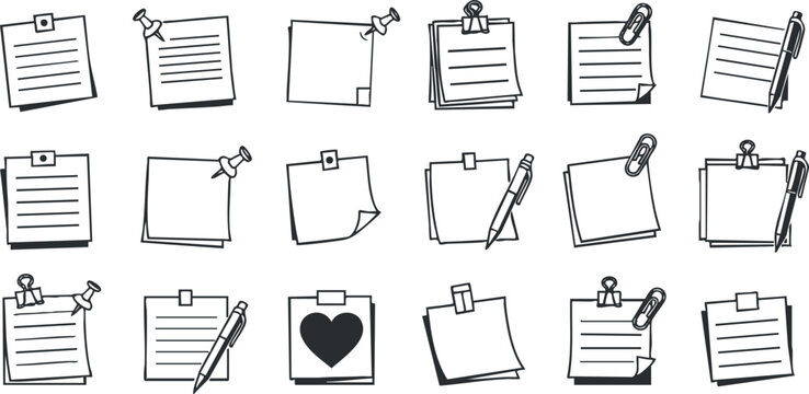 A collection of hand-drawn sticky notes, pens, and paper clips in outline minimalist vector style, ideal for office and stationery designs