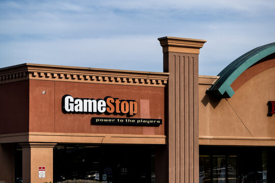 Waynesboro, USA - May 19, 2025: Exterior of Gamestop store facade exterior selling games in Virginia town strip mall