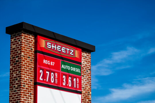 Waynesboro, USA - May 19, 2025: Street road in Virginia town with Sheetz fuel gas station signboard with prices and logo