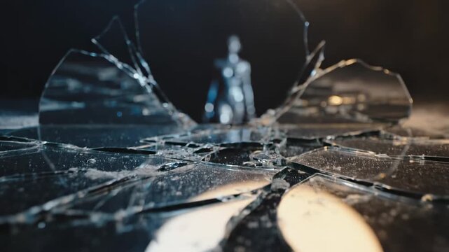 Shattered glass, the moon in shards, a metal humanoid figure appearing through shards of glass on a dark background &ndash; a breakthrough concept and a futuristic innovation