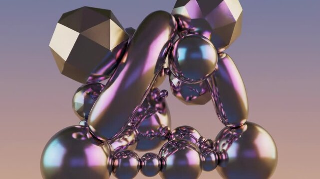 Seamlessly looping iridescent chrome geometric shapes perpetually shift and merge into impossible structures on a soft gradient background fantasy, impossible, dreamlike