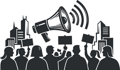 A crowd of people holding signs with a megaphone in a black and white vector style, suitable for activism and social justice themes
