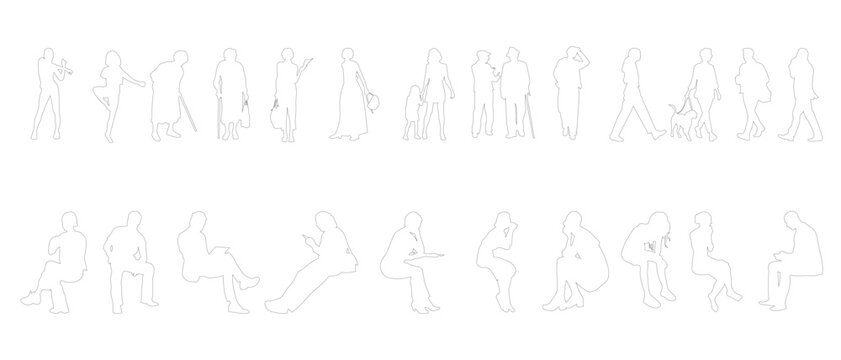 A clean line-art collection of standing, walking, sitting, and interacting people in modern everyday poses. Perfect for architectural plans, infograpkics, creative layouts, and design projects
