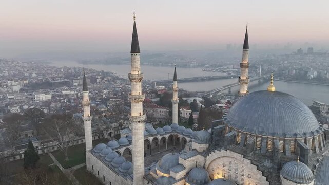 Suleymaniye Mosque (Suleymaniye Cami) Drone Video, Istanbul Silhouettes Suleymaniye, Fatih Istanbul, Turkiye (Turkey)