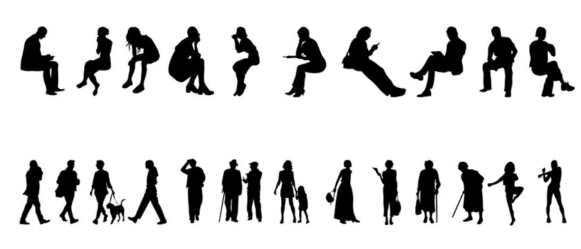 A diverse silhouette collection showing people of different ages walking, sitting, interacting, and moving in natural everyday poses. Perfect for architectural plans, infographics, UI layouts, posters