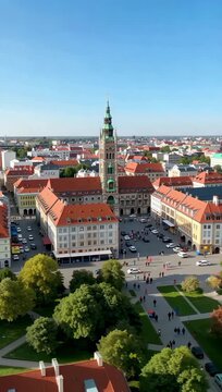 Vertical aerial drone footage of the historic Zamosc Town Hall and Great Market Square on a sunny day in Poland.