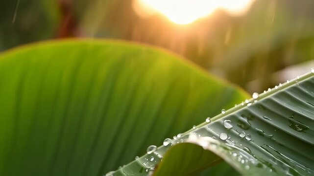 Bright green leaves glisten with droplets of water as the sun rises in the background, illuminating the tranquil scene. The sunlight enhances the lushness of the greenery and the f