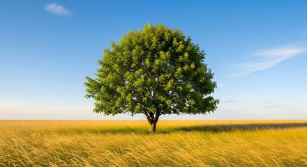Vibrant green solitary tree standing alone in a vast golden field under a clear summer sky, casting a long afternoon shadow, representing nature and tranquility