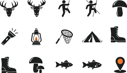 Naklejka premium Collection of black outdoor activity and nature icons on white background deer head
