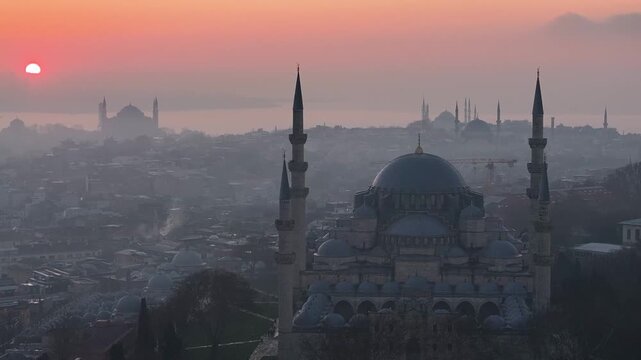 Suleymaniye Mosque (Suleymaniye Cami) Drone Video, Istanbul Silhouettes Suleymaniye, Fatih Istanbul, Turkiye (Turkey)