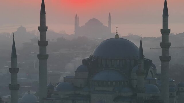 Suleymaniye Mosque (Suleymaniye Cami) in the Sunrise Lights Drone Video, Istanbul Silhouettes Suleymaniye, Fatih Istanbul, Turkiye (Turkey)