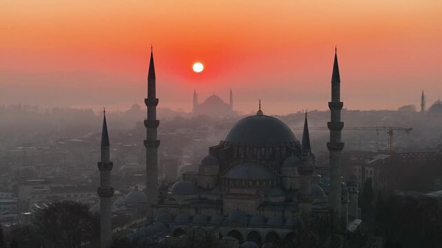 Suleymaniye Mosque (Suleymaniye Cami) in the Sunrise Lights Drone Video, Istanbul Silhouettes Suleymaniye, Fatih Istanbul, Turkiye (Turkey)