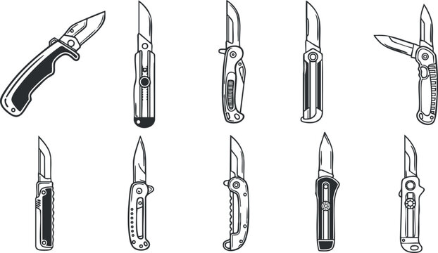 A collection of various knife designs including folding and fixed blades in black and white minimalist vector style, ideal for tools and equipment branding