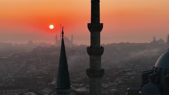 Suleymaniye Mosque (Suleymaniye Cami) Drone Video, Istanbul Silhouettes Suleymaniye, Fatih Istanbul, Turkiye (Turkey)