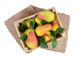 Delicious pears in a box. isolated on transparent, png. Healthy eating.