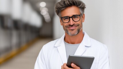 A smiling doctor in a white coat holds a tablet while standing in a modern medical facility. Professional healthcare environment.