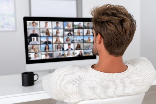 A man in a white sweater sits at a desk, engaged in a virtual meeting with multiple participants displayed on the computer screen. Remote work environment.