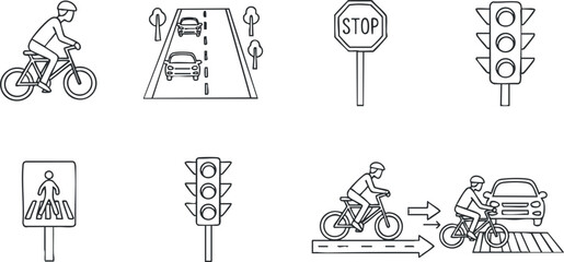 A collection of cycling-related traffic symbols and signs in minimal outline vector style, ideal for urban planning and education
