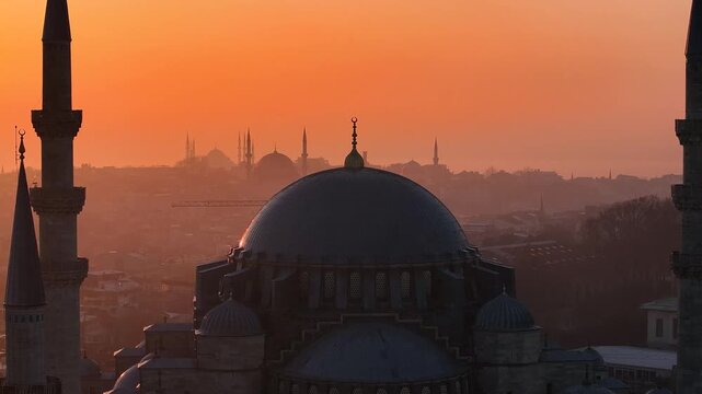 Suleymaniye Mosque (Suleymaniye Cami) in the Sunrise Lights Drone Video, Istanbul Silhouettes Suleymaniye, Fatih Istanbul, Turkiye (Turkey)
