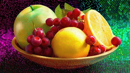 A still life image of a bowl filled with various fruits, including an apple, grapes, orange, and lemon, set against a colorful, textured background.