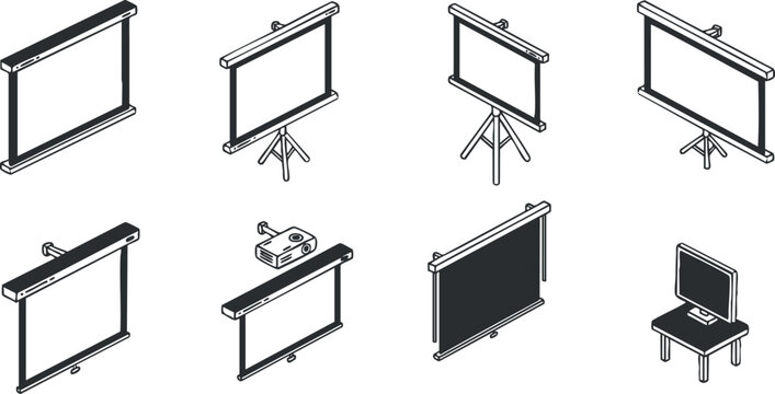 A set of projector screens and related equipment in black and white outline vector style, ideal for educational and business presentations