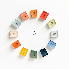 A creative arrangement of colorful number blocks forming a circle, set against a clean white background. The numbers are hand-painted on small, square blocks.