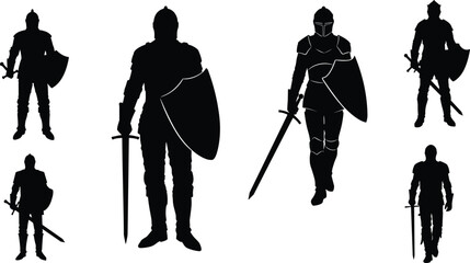 Obraz premium Armored Knight Silhouettes with Swords and Shields, Black Figures in Varied Poses, Medieval Warrior Design, Stylized Motion, Fantasy Battle Theme