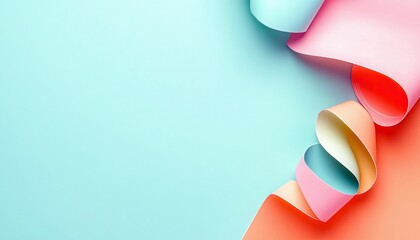 Abstract composition of curled colorful paper against a blue and orange background, creating a visually appealing design.