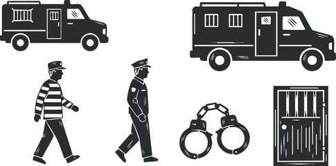 Fototapeta premium A collection of law enforcement elements including a police officer, handcuffs, patrol vehicles, and a prison door in black and white vector style, suitable for legal and security themes