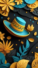 A vibrant paper art illustration featuring a sombrero surrounded by flowers and leaves in shades of yellow, blue, and black, creating a decorative and artistic