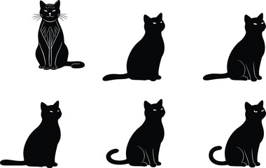 Black Cat Silhouettes with Unique Facial Details, Sitting Poses, Whiskers and Stripes, Visual Puzzle, Halloween Theme, Minimalist Design, Feline Comparison