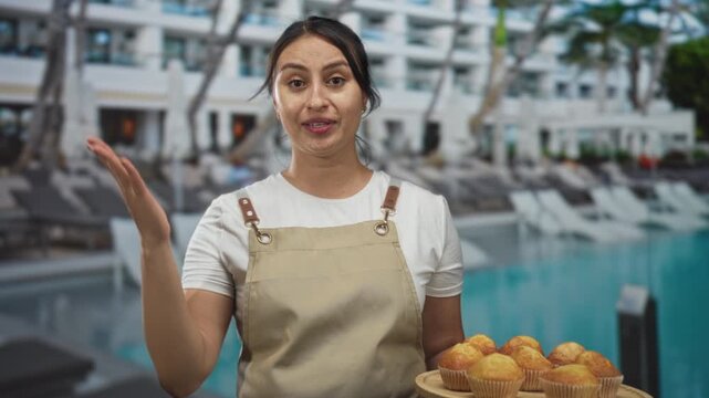 Woman holding a tray of muffins at a hotel pool wearing an apron and smiling while serving guests; welcoming service.