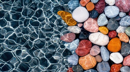 Close-up of colorful pebbles partially submerged in water, with light reflections creating a textured surface.