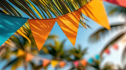 Close-up of colorful pennant banners hanging outdoors against a blue sky with palm trees, creating a festive and cheerful atmosphere.