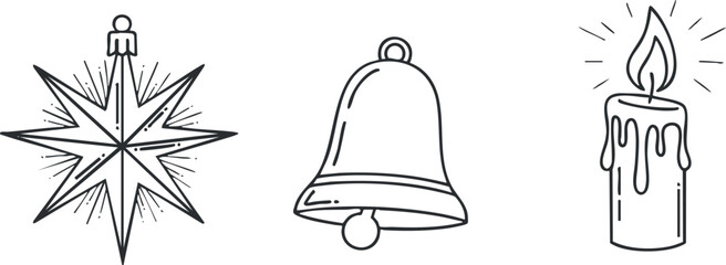 A collection of festive icons including a star, a bell, and a candle in minimalist black outline vector style, perfect for holiday decorations and seasonal branding