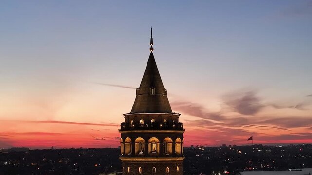 Galata Tower in the Sunset Drone Video, Istanbul Silhouettes Background, Galata Beyoglu, Istanbul, T&uuml;rkiye (Turkey)