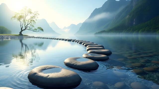 Stepping stones path on calm lake with lone tree and misty mountains.