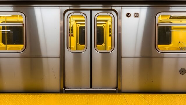 Urban subway train with doors and windows at a yellow platform - Powered by Adobe
