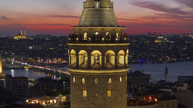 Galata Tower in the Sunset Drone Video, Istanbul Silhouettes Background, Galata Beyoglu, Istanbul, T&uuml;rkiye (Turkey)