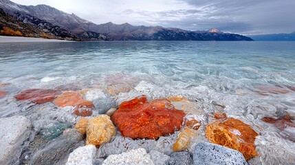 Close-up of colorful rocks in clear water with mountains in the background under a cloudy sky at dusk.