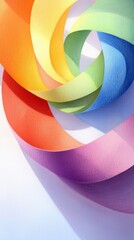 A close-up shot of colorful ribbons arranged in a spiral pattern against a white background, creating a vibrant and abstract design.