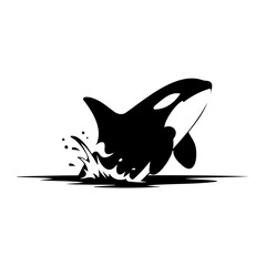 Black and white graphic of an orca jumping out of the water with splash